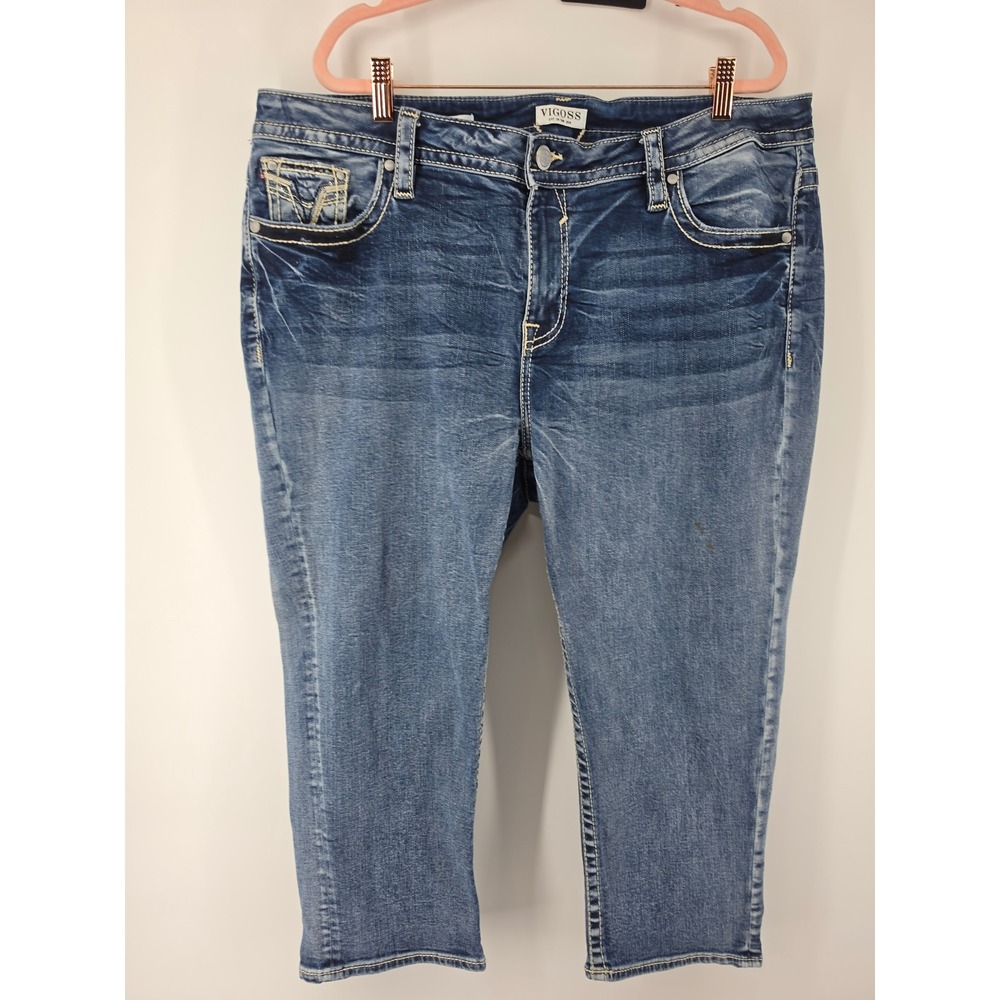 Vigoss Womens Capri Jeans Size 20 Medium Wash Embroidered Pockets Stretch Denim